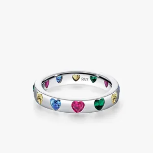 925 Sterling Silver Ring With Colorful Heart Shaped Zircon Rainbow Gemstones INS Style Sweet Jewelry For Women