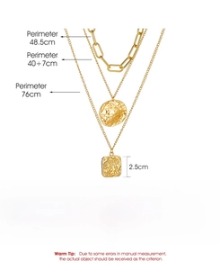 Detailed size specifications for multi-layer gold pearl necklace with pendant dimensions