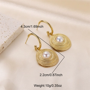 Detail view of gold textured earrings with pearls showing dimensions 4.3cm and 10g weight