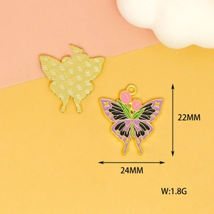 Detail view of purple butterfly enamel charms with dimensions 24mm x 22mm for DIY jewelry