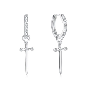 S925 sterling silver dagger earrings with cross zircon details on a white background