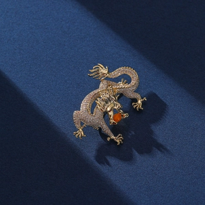 Chinese Style Dragon Brooch For Women Gold Plated Copper Micro Inlaid Zirconia Dragon Playing Artificial Pearl Pin Jewelry Accessory Gift