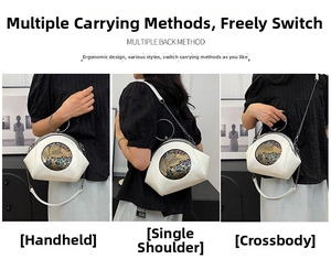 Detail view of white embroidered shell bag with gold handle and chain strap options