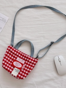 Red plaid woolen mini tote bag with denim straps and Good is Good cherry patch