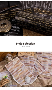 Detail of vintage English phrase stickers with gold foil stamping for DIY scrapbooking