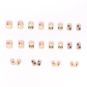 Cute cherry and puppy press-on nails with cream and pink resin finish, 24 piece set