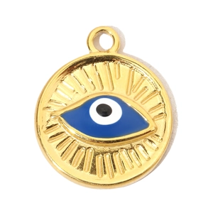 Detailed view of a golden evil eye pendant with blue enamel and radial metal lines