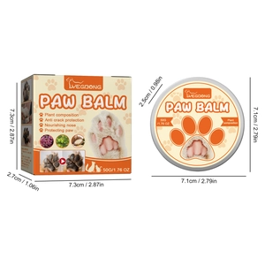 Macro view of 50g natural plant-based paw balm for cats and dogs with sizing details