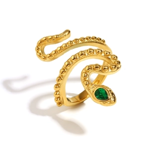 Adjustable snake ring in 18K gold plating with a sparkling green pear-shaped gemstone