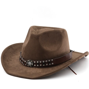 Western Cowboy Hat Suede Wide Brim Vintage Style Sun Protection Fedora With Leather Rivet Band For Men Women