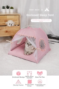 Pink floral pet tent bed with breathable white mesh curtains and decorative bow detail