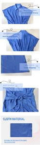 Detail view of klein blue denim shirt dress showing lapel collar, buttons and fabric texture