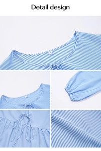 Detail view of blue and white striped shirt featuring lantern sleeves and lace-up neckline