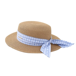 Flat top straw sun hat with wide brim and blue checkered bow ribbon decoration