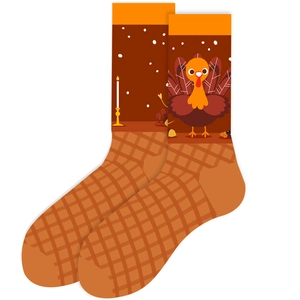 Detail of Thanksgiving socks featuring cartoon turkey patterns and autumn patterns