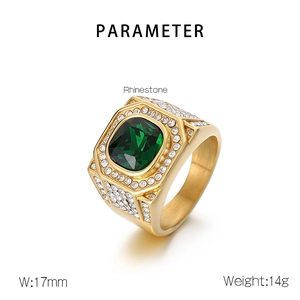 Macro shot of 17mm gold ring with large green gemstone and luxury rhinestone accents