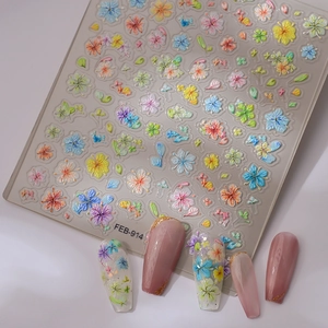3D embossed floral nail art stickers FEB-914 with colorful daisy and cherry blossom patterns