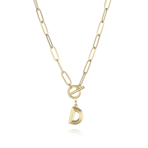 Gold paperclip chain necklace with a 3D letter D pendant and toggle clasp