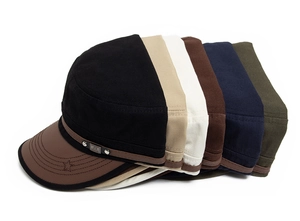 Flat top cadet caps in six colors showing cotton fabric and leather brim details