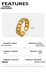 Detail of gold-plated chain ring with blue and pink enamel showing 1.8cm diameter