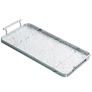 Rectangular hammered stainless steel serving tray with handles on a white background