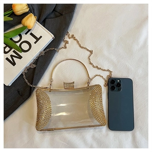 Detail of transparent acrylic clutch bag with sparkling rhinestones and gold ring handle