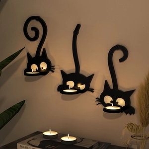 Set di tre portacandele da parete con sagome di gatti neri per decorazioni di casa