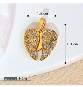 Detailed view of micro-pave zircon heart wings pendant with dimension and weight labels