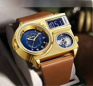 Detail of Oulm multi-zone watch with gold alloy case and analog-digital dual display