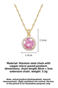 Detail of round pink zircon pendant necklace with gold titanium steel chain and dimensions