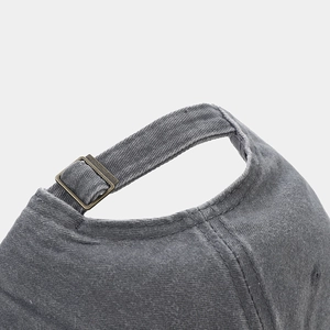 Rear view of grey cotton baseball cap showing adjustable metal buckle and stitching