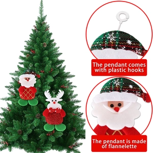 Detail of Christmas plush Santa and reindeer hanging ornaments with durable plastic hooks