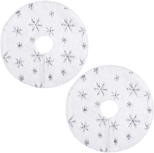 Mini white plush Christmas tree skirt with silver snowflake pattern, 38cm double layer design