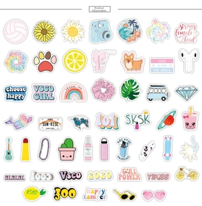 Detailed grid view of 50 colorful VSCO aesthetic waterproof stickers for luggage and laptops