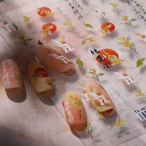 3D New Chinese style nail stickers featuring jade rabbit, osmanthus, and moon patterns
