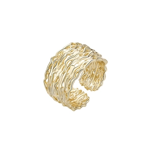 Irregular textured 925 sterling silver open ring with gold plated hollow mesh design