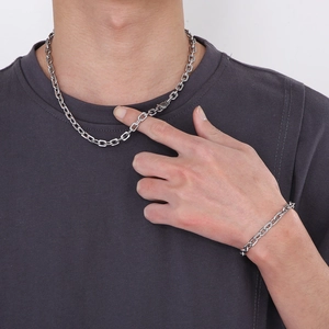 Polished silver stainless steel rectangular link chain necklace and bracelet jewelry set
