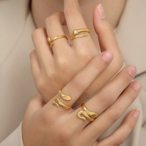 Vintage textured snake gold plated titanium steel adjustable open ring for women