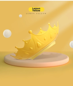 Close-up of lemon yellow crown baby shower cap with soft texture and ear protection