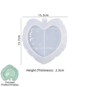 Leaf shaped silicone mold for resin craft with detailed size labels and height dimensions