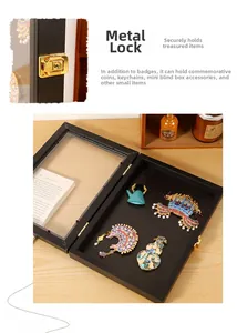 Detail of a black display case with a golden metal latch for badges and medals