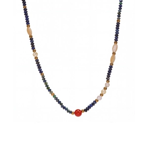 Bohemian lapis lazuli and shell beaded necklace with red agate and gold spacers