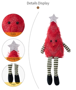 Detail display of a plush Christmas tree doll with striped legs and silver star topper
