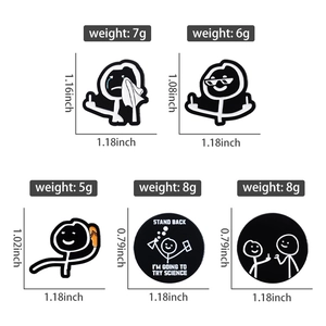 Detailed chart showing funny matchstick figure enamel pin sizes and weights in inches
