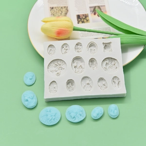 European vintage relief silicone mold for fondant cakes featuring lady portraits and birds