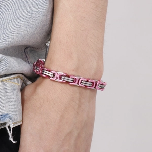 Pink and silver stainless steel punk bike chain bracelet for men worn on wrist