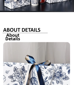 Detailed macro view of elegant floral paper gift bag with silk ribbon bow and woven handles