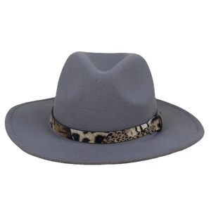 Dark grey fedora hat with leopard print band and metal buckle in a classic style