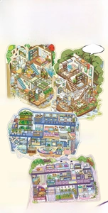 Detail view of four 2.5D DIY scenery stickers including tree house and cave dwelling themes