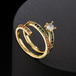 Luxurious 18K gold-plated double-layer ring with rainbow zircon and crystal stone